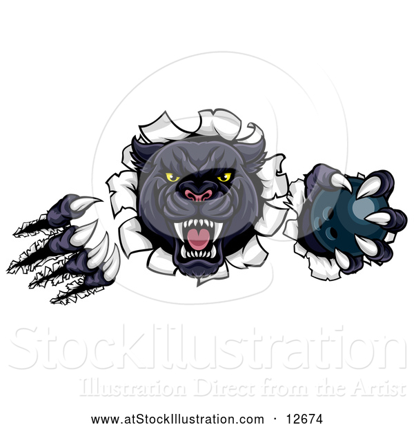 Vector Illustration of a Black Panther Mascot Shredding Through a Wall with a Bowling Ball