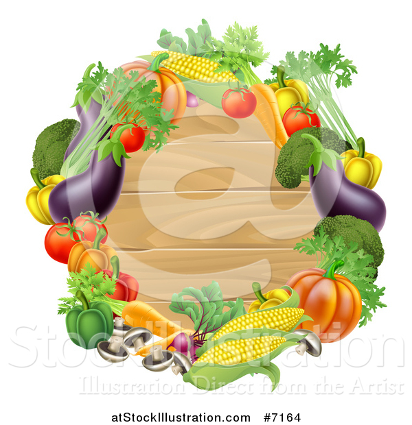 Vector Illustration of a Black Round Wooden Sign Framed in Produce Vegetables