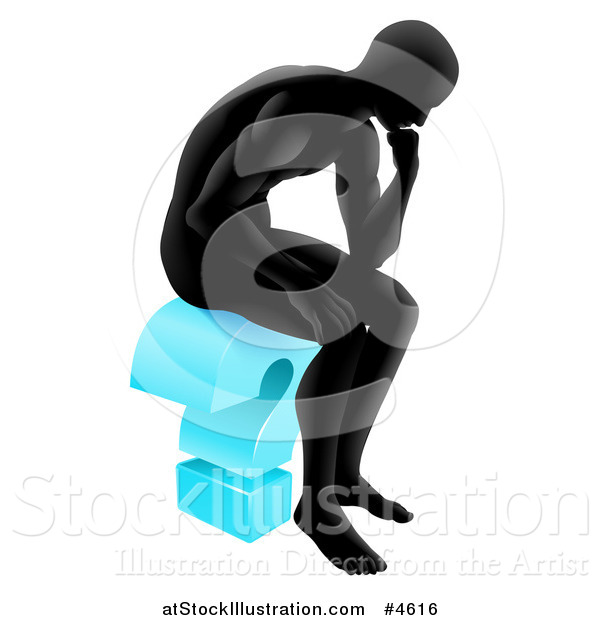 Vector Illustration of a Black Silhoeutted Man Thinking on a Blue Question Mark