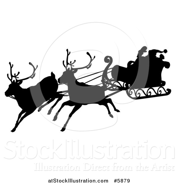 Vector Illustration of a Black Silhouette of Santa Flying in a Magic Sleigh with Two Reindeer