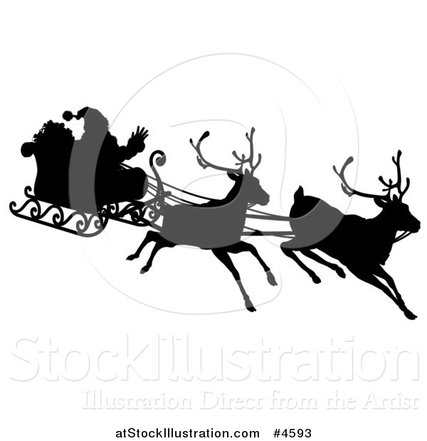 Vector Illustration of a Black Silhouette of Santa Waving and Flying in a Magic Sleigh with Two Reindeer