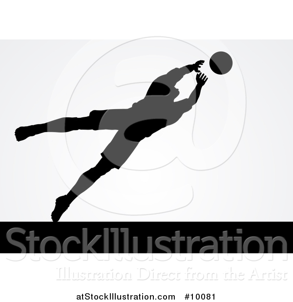 Vector Illustration of a Black Silhouetted Goal Keeper Soccer Player Blocking the Ball, over Gray