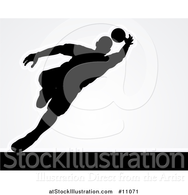 Vector Illustration of a Black Silhouetted Goal Keeper Soccer Player Blocking the Ball, over Gray