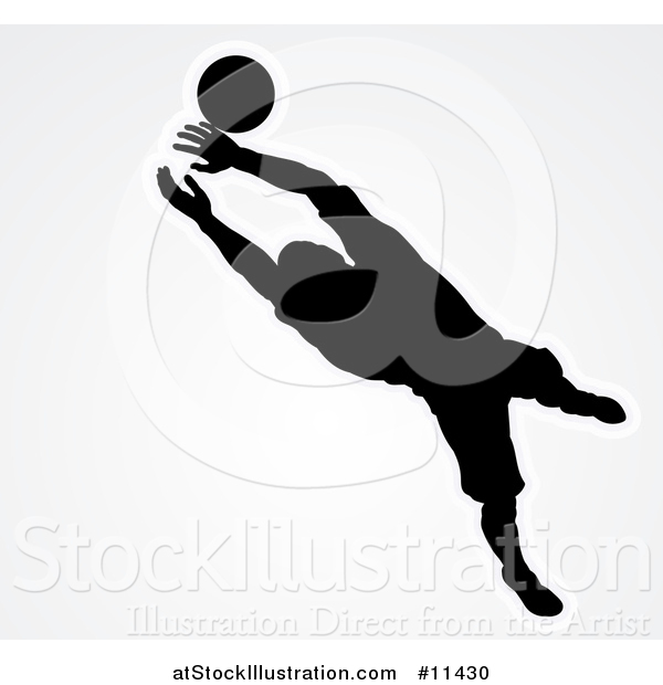 Vector Illustration of a Black Silhouetted Goal Keeper Soccer Player Blocking the Ball, over Gray