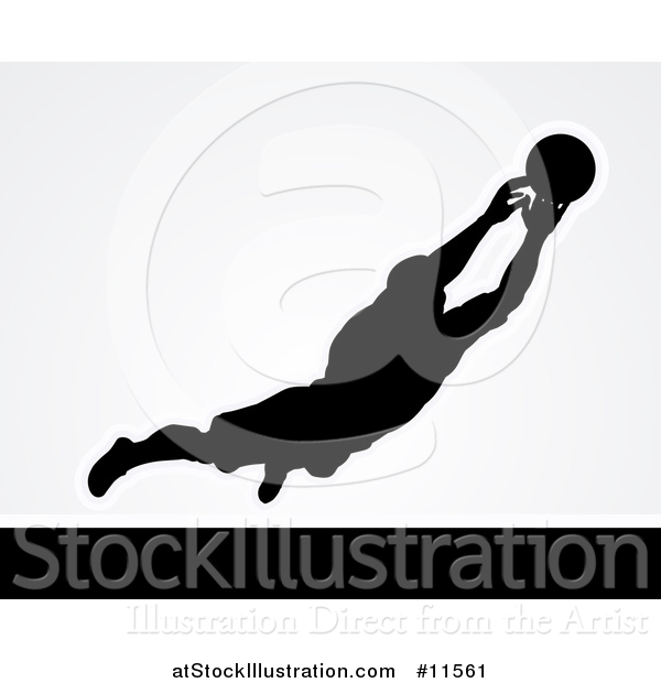 Vector Illustration of a Black Silhouetted Goal Keeper Soccer Player Blocking the Ball, over Gray