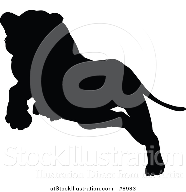 Vector Illustration of a Black Silhouetted Lioness Leaping or Pouncing