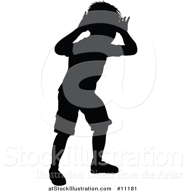 Vector Illustration of a Black Silhouetted Little Boy Peeking Through an Invisible Window
