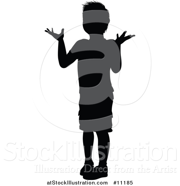 Vector Illustration of a Black Silhouetted Little Boy Shrugging