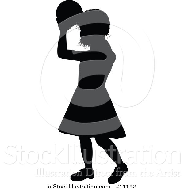 Vector Illustration of a Black Silhouetted Little Girl Throwing a Ball