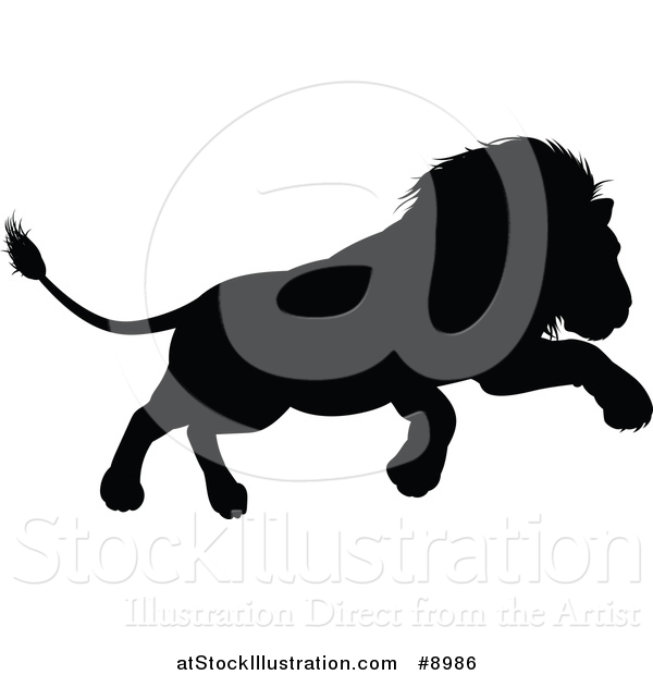 Vector Illustration of a Black Silhouetted Male Lion Pouncing