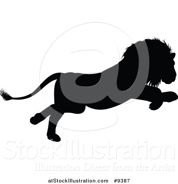 Vector Illustration of a Black Silhouetted Male Lion Pouncing