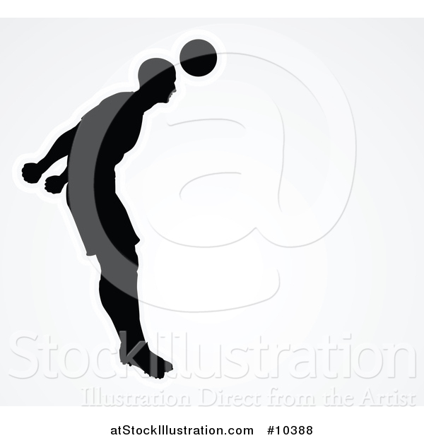 Vector Illustration of a Black Silhouetted Male Soccer Player Heading a Ball, Outlined in White, over Gray