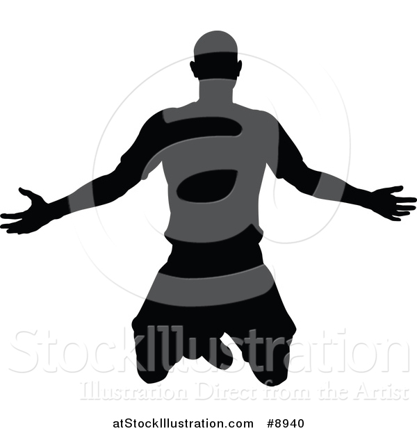 Vector Illustration of a Black Silhouetted Male Soccer Player Kneeling or Jumping