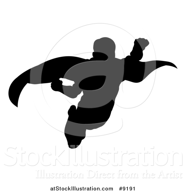 Vector Illustration of a Black Silhouetted Male Super Hero Flying