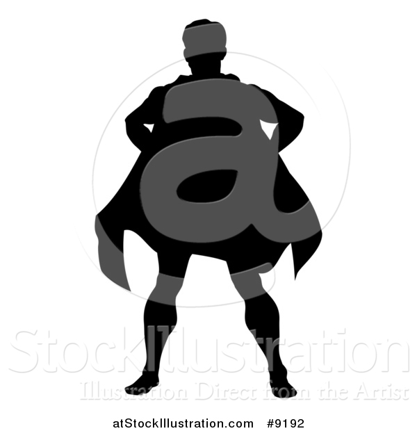 Vector Illustration of a Black Silhouetted Male Super Hero Standing with Hands on His Hips