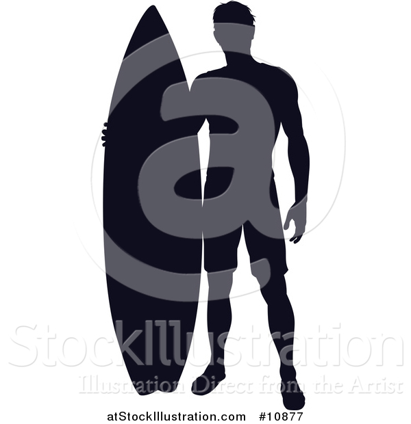 Vector Illustration of a Black Silhouetted Male Surfer Standing with His Board