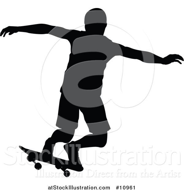 Vector Illustration of a Black Silhouetted Man Skateboarding
