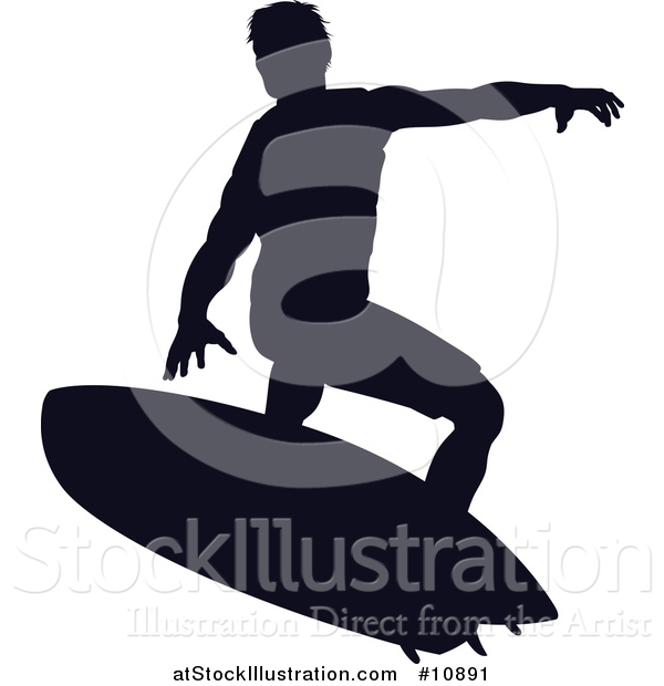 Vector Illustration of a Black Silhouetted Man Surfing