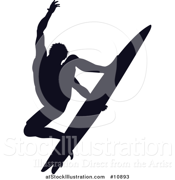 Vector Illustration of a Black Silhouetted Man Surfing