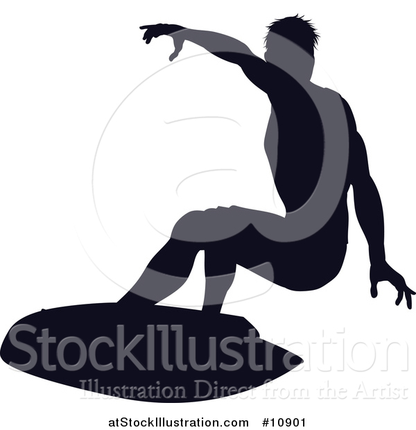 Vector Illustration of a Black Silhouetted Man Surfing