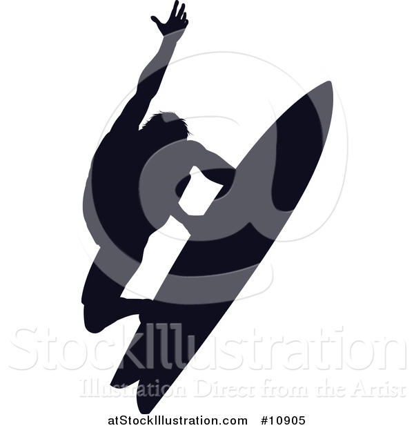 Vector Illustration of a Black Silhouetted Man Surfing