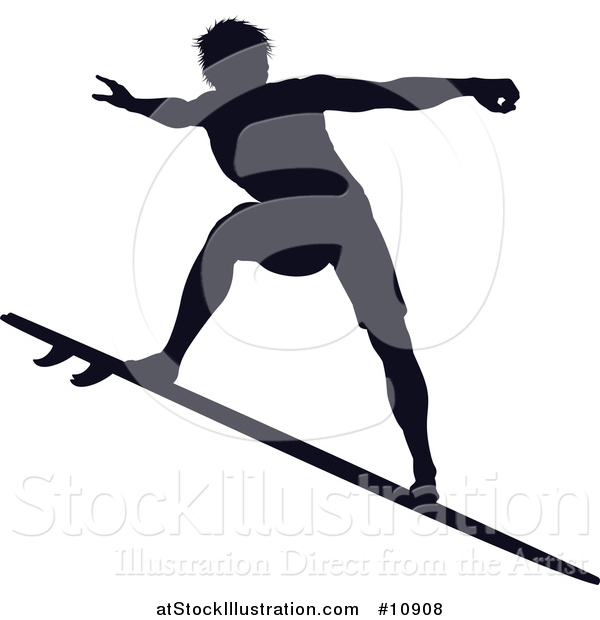 Vector Illustration of a Black Silhouetted Man Surfing