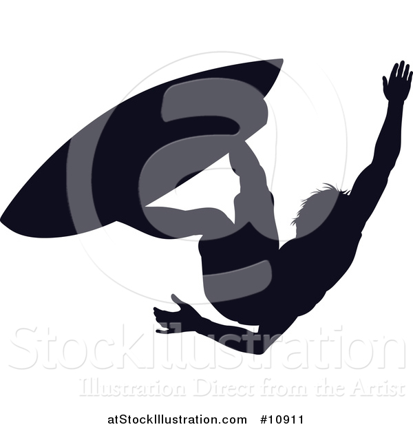 Vector Illustration of a Black Silhouetted Man Surfing