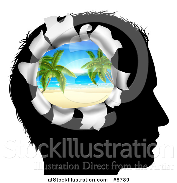 Vector Illustration of a Black Silhouetted Man's Head Thinking of Vacation with a Hole Showing a Tropical Beach