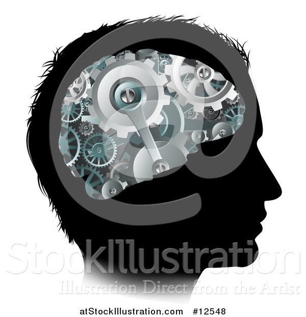 Vector Illustration of a Black Silhouetted Man's Head with 3d Gear Cogs Visible in His Brain