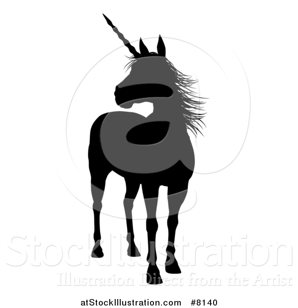 Vector Illustration of a Black Silhouetted Mythical Unicorn Standing and Looking to the Left