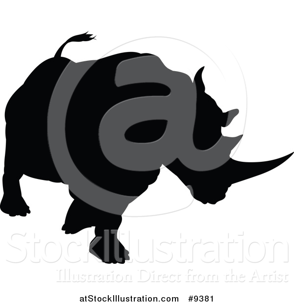 Vector Illustration of a Black Silhouetted Rhinoceros Charging