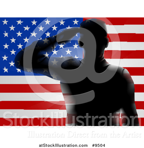 Vector Illustration of a Black Silhouetted Saluting Soldier over an American Flag