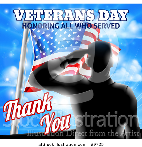 Vector Illustration of a Black Silhouetted Solder Saluting over an American Flag and Sky, with Text