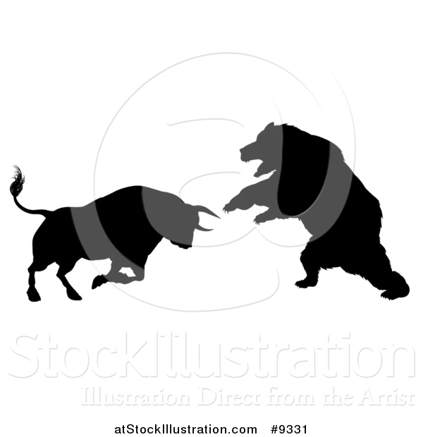 Vector Illustration of a Black Silhouetted Stock Market Bull Fighting a Bear