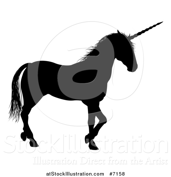 Vector Illustration of a Black Silhouetted Unicorn in Profile, Walking to the Right