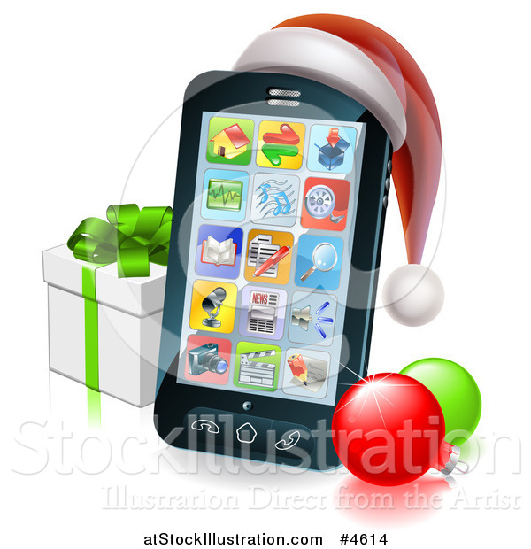 Vector Illustration of a Black Smart Phone with a Santa Hat, Christmas Baubles and Gift Box