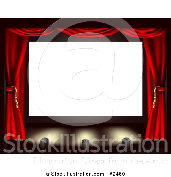 Vector Illustration of a Blank Cinema Screen with Red Drapes and Spot Lights on the Stage