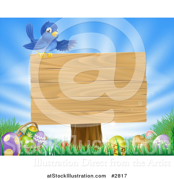 Vector Illustration of a Blank Sign over Easter Eggs in Grass over a Blue Sky