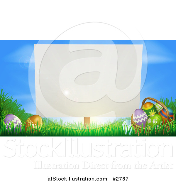 Vector Illustration of a Blank Sign Posted in Grass by Easter Eggs