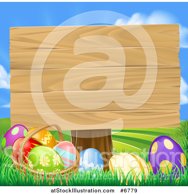 Vector Illustration of a Blank Wood Easter Sign with Eggs in Grass Against a Sky