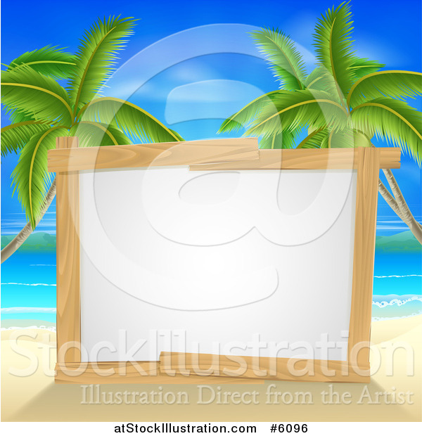 Vector Illustration of a Blank Wood Framed Sign on a Tropical Beach with Palm Trees