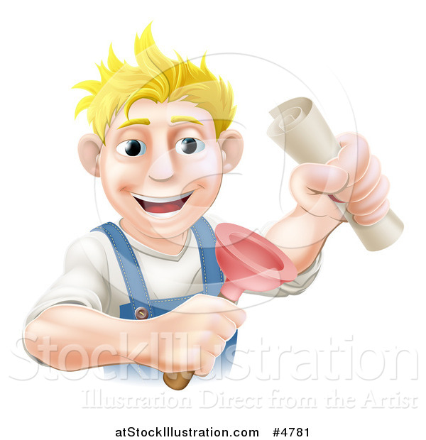 Vector Illustration of a Blond Man Holding a Plunger and Degree