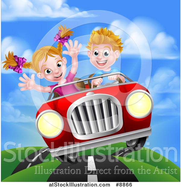 Vector Illustration of a Blond White Boy Driving a Girl in a Red Convertible Car, Catching Air on a Rural Road