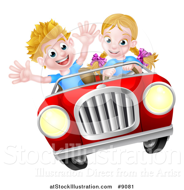 Vector Illustration of a Blond White Girl Driving a Boy in a Red Convertible Car, Catching Air