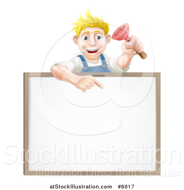 Vector Illustration of a Blond White Male Plumber Holding a Plunger and Pointing down at a White Board Sign