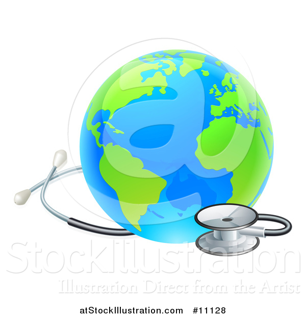 Vector Illustration of a Blue and Green World Earth Globe with a Stethoscope