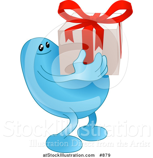 Vector Illustration of a Blue Bean Character Carrying a Nicely Wrapped Christmas or Birthday Gift with a Red Bow and Ribbon
