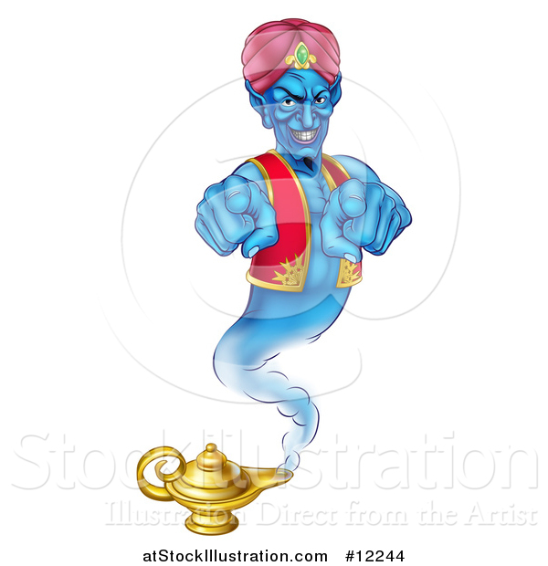 Vector Illustration of a Blue Genie Pointing Outwards over His Lamp
