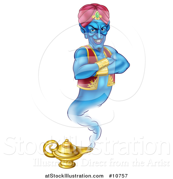 Vector Illustration of a Blue Genie with an Evil Grin, Emerging from His Lamp