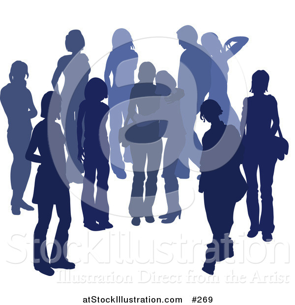 Vector Illustration of a Blue Group of Silhouetted People Hanging out in a Crowd, Two Friends Embracing in the Middle